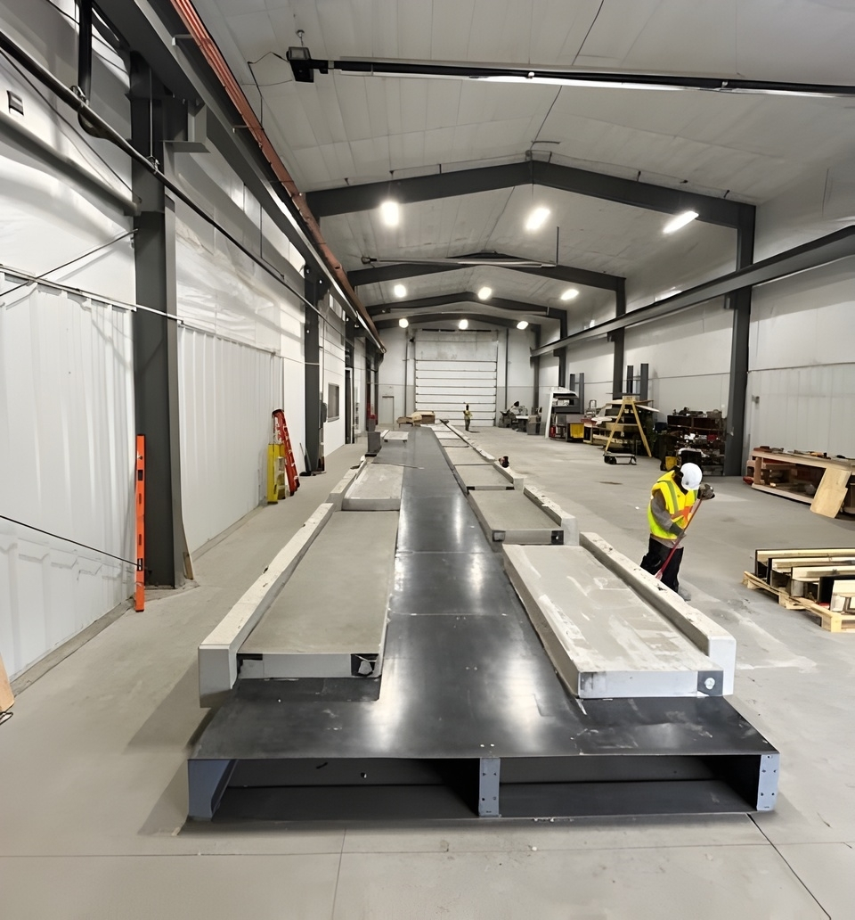 Assembly line with the Fast Foundations team inside the manufacturing center for foundations, walls, footers, beams Peaks Precast LLC Buena Vista Colorado