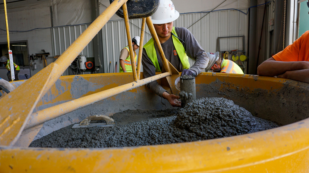 cylinder test inside the Fast Foundations precast concrete manufacturing facility Buena Vista Colorado