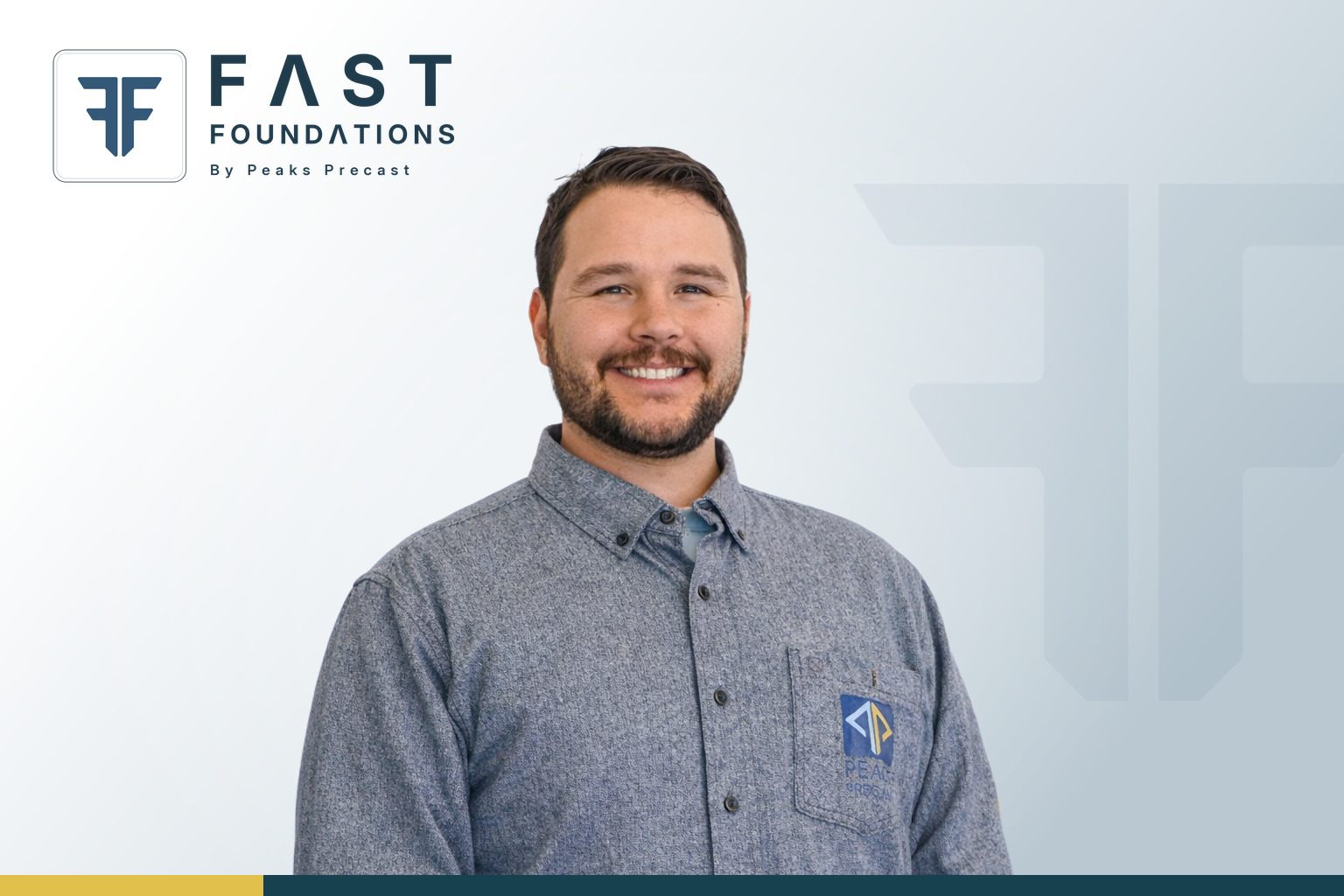 Mateo Peaks Precast Colorado Headshot heather colored button down shirt with branded colors in background